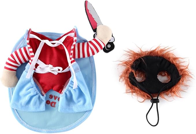 Puppy Deadly Doll Dog Costume, Pet Cosplay Clothes Halloween Christmas Funny Party Costume for Cats and Small Dogs (Small, Blue)