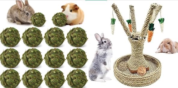 Hamiledyi Bunny Chew Toys Rabbit Rattan Grass Scratcher Climbing Tree Fun Tree Carrot Play Toys 10 Pcs Rabbit Chew Ball Timothy Grass Ball Small Animal Activity Play Chew Toys Teeth Grinding