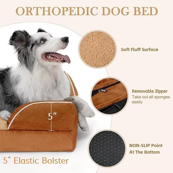 Comfort Expression Orthopedic Dog Bed for Extra Large Dogs 45x35 Inch, Waterproof Supportive Egg Crate Foam XL Pet Bed with Removable Bolsters, Dog Couch with Washable Cover & Non-Slip Bottom, Orange