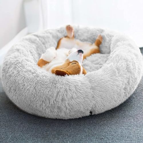 Original Calming Donut Dog and Cat Bed in Shag Fur, Dog Beds for Melium Dogs, Anti Anxiety Round Fluffy Plush Faux Fur Pet Bed, Light Grey, 27.6'' x 27.6''