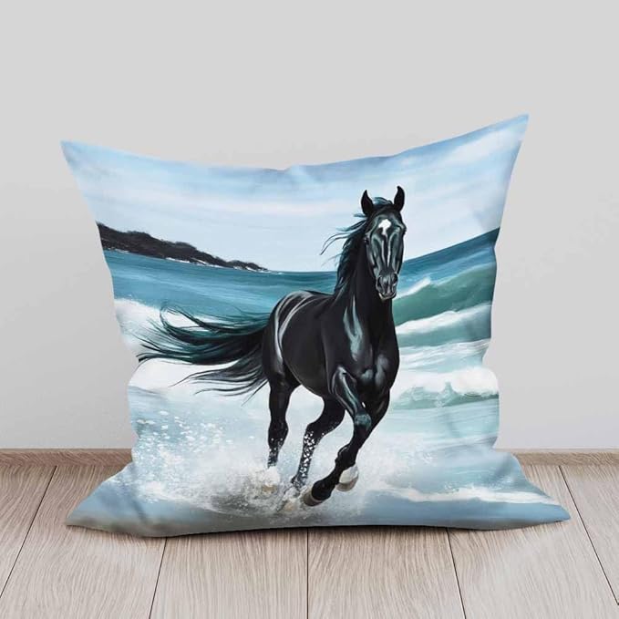Pillowcase Freedom Black Arabian Horse Through Splashes of Water Seaside Set of 2 Square,Throw Pillow Covers Decorative for Couch and Bed for Boy Girl 18X18 Inches