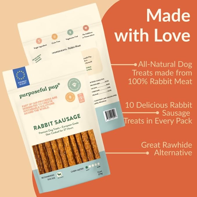 Rabbit Sausage Dog Treats, 10 Pack – All Natural, Single Ingredient, Grain-Free Chews for Dogs | Premium European Quality | High-Protein, Air-Dried, Healthy Snack