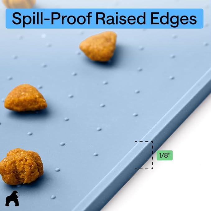 GORILLA GRIP 100% Waterproof Raised Edge BPA Free Silicone Pet Feeding Mat, Dog Cat Food Mats Contain Spills Protects Floors, Placemats for Cats and Dogs Water Bowl, Pets Accessories 18.5x11.5 Blue