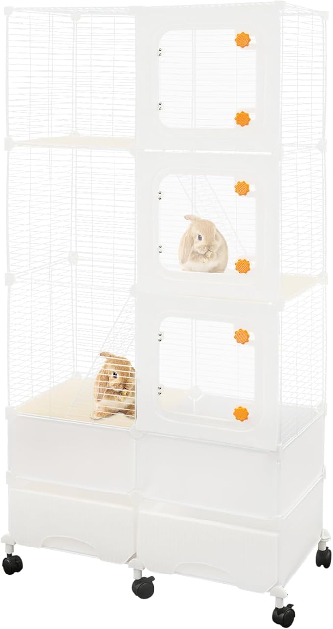 Small Animal Cage, Guinea Pig Cages with Rolling, Durable Front Doors, Chinchilla Cage with Scoop for Rat, Hamster, Guinea Pig, Squirrel (White, 61in)