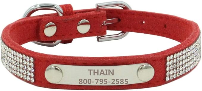 THAIN Rhinestones Personalized Dog Cat Collar Bling Diamond with Engraved Stainless Steel Nameplate for Small Medium Large Dogs (XS, Red)