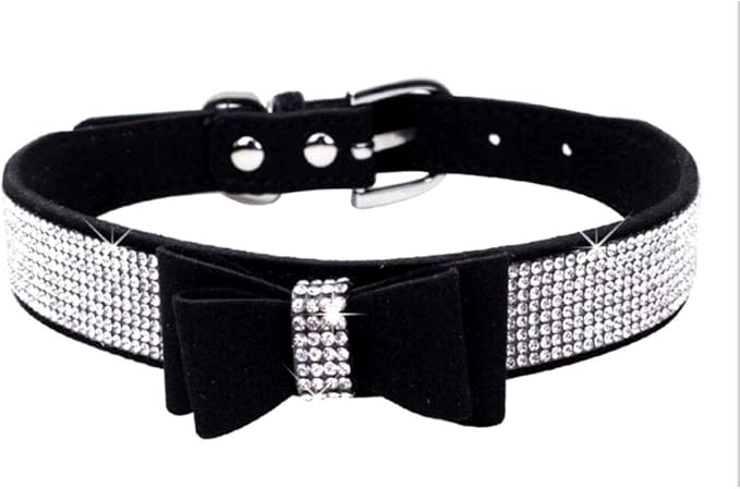 Cute Dazzling Sparkling Elegant Fancy Soft Suede Leather Bling Rhinestone Crystal Jeweled Pet Cat Dog Puppy Collar Dog Leash Combo Set (M, Black-1)