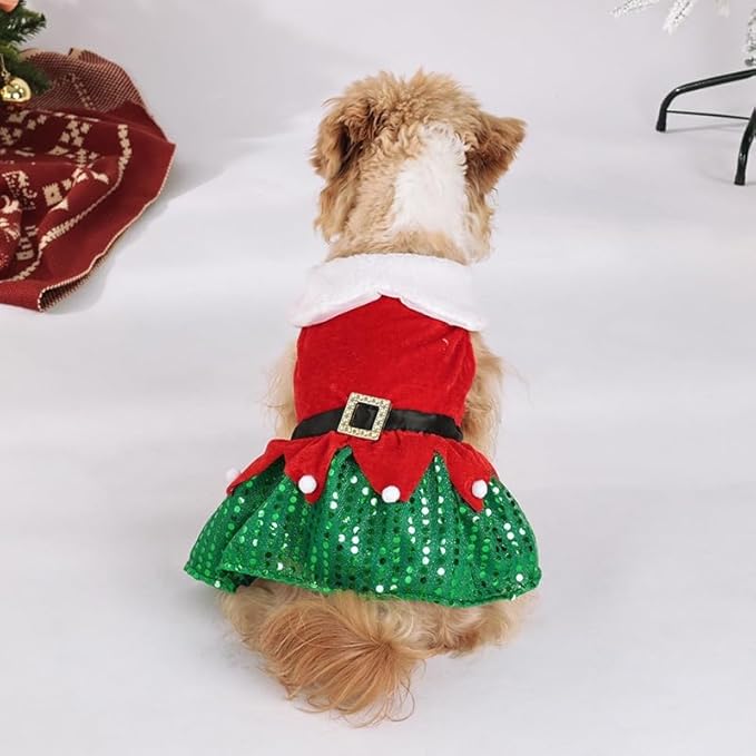 Abbie Home Christmas Dog Dress Cute Skirt, Pet Christmas Costume Cat Sparkly Sequin Clothes Girl Puppy Xmas Holiday Party Cosplay Outfit Winter Apparel for Small Dogs Cats (Green, Small)