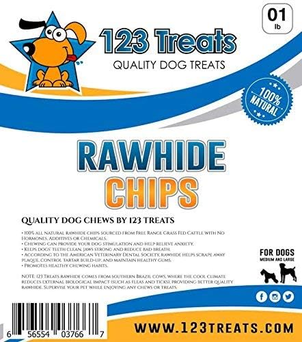 123 Treats Rawhide Chews Dog Chips, Premium Beef Hide (1 Pound) Natural Grass Fed Livestock with No Hormones, Additives or Chemicals, Long Lasting Dental Chews