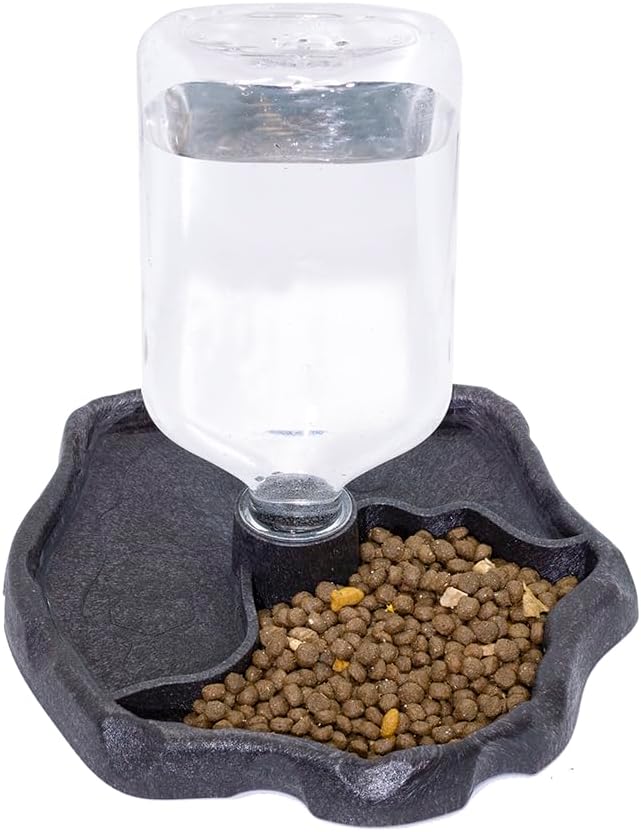 17oz 2 in 1 Terrarium Tank Reptile Food Feeders Bowl, Water Feeder Automatic Water Dispenser Waterer Feeding Accessories, for Geckos Lizards Turtle Bearded Dragons (Dark Brown)