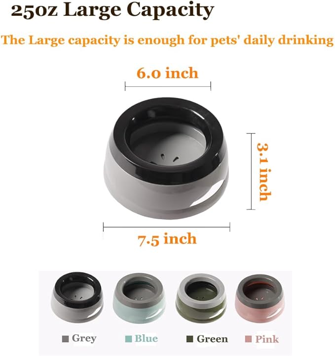 Dog Water Bowl 25oz No Spill Pet Water Bowl Large Capacity Slow Water Feeder, Spill Proof Pet Water Dispenser Vehicle Carried Slow Drinking Travel Water Bowl for Dogs/Cats/Pets (Grey)