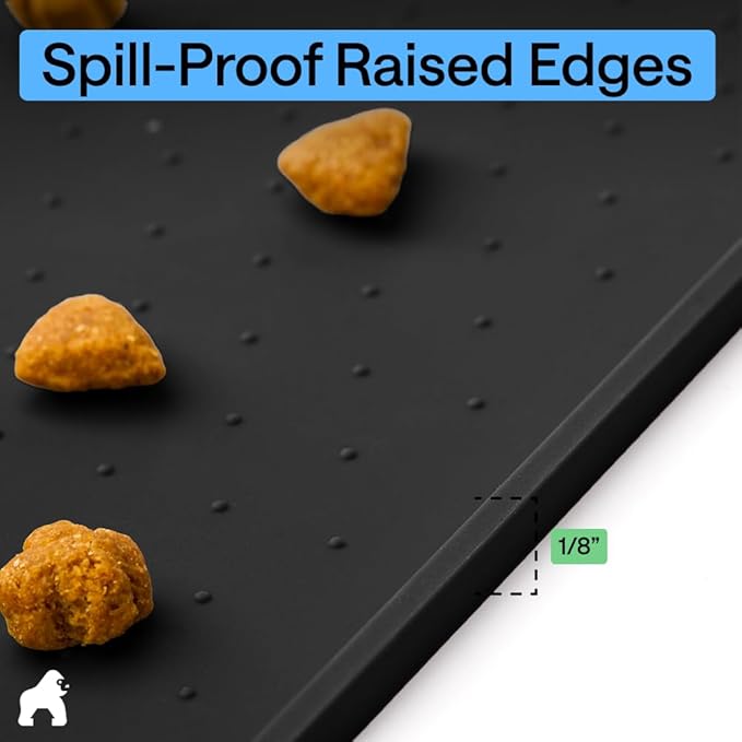 GORILLA GRIP 100% Waterproof Raised Edge BPA Free Silicone Pet Feeding Mat, Dog Cat Food Mats Contain Spills Protects Floors, Placemats for Cats and Dogs Water Bowl, Pets Accessories 16x10, Black