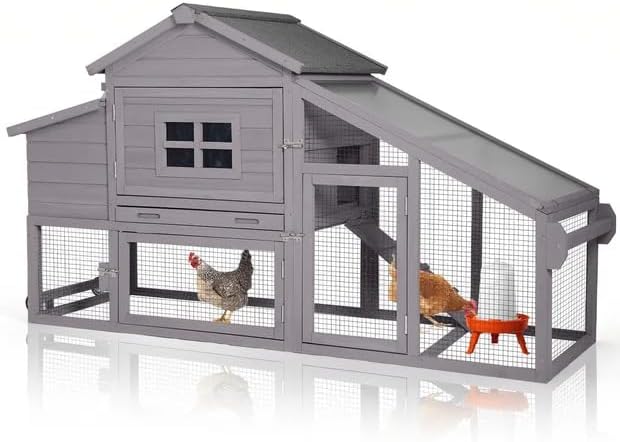 GUTINNEEN Chicken Coop with Wheels, Expandable Hen House Poultry Cage with Run, UV-Protected Roof, Divided Nesting Boxes, Easy One-Person Move, Ideal for 2 Adult Chickens or 4 Bantams, 72.3" L, Grey