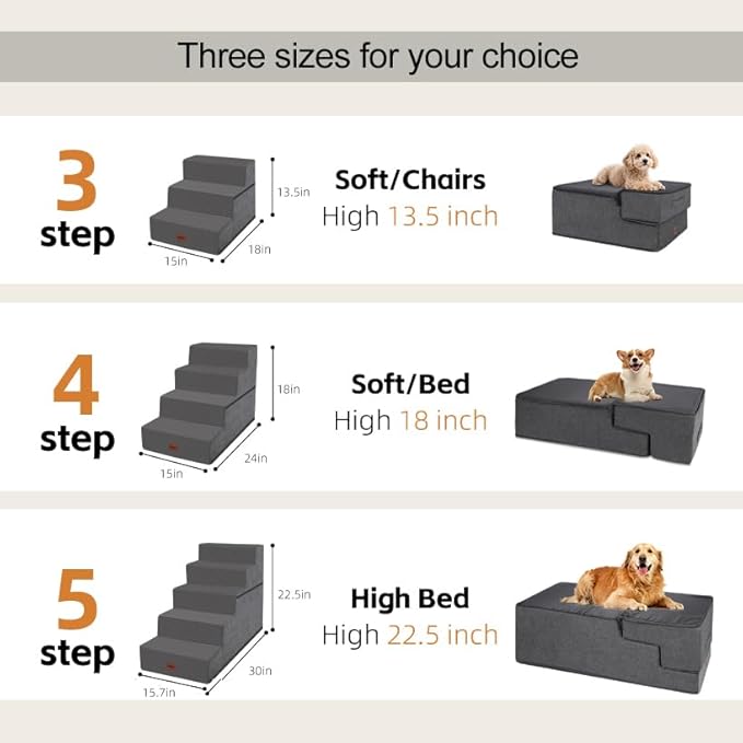 Dog Stairs for Small Dogs, 13.5" H, 3-Step Pet Steps for Couch Sofa and Chair, Non-Slip Balanced Pet Ramp for Medium Cats,Indoor Dog Ladder, Grey