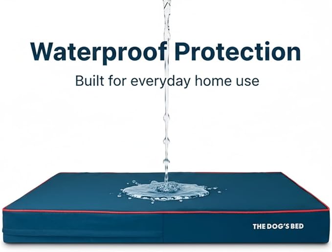 The Dog’s Bed Orthopedic Memory Foam Dog Bed for XXL Dogs, Waterproof Washable Cover, Anti-Slip Base, Calming Surface – CertiPUR-Certified Foam, Blue with Red Trim, 6 Inch Thick