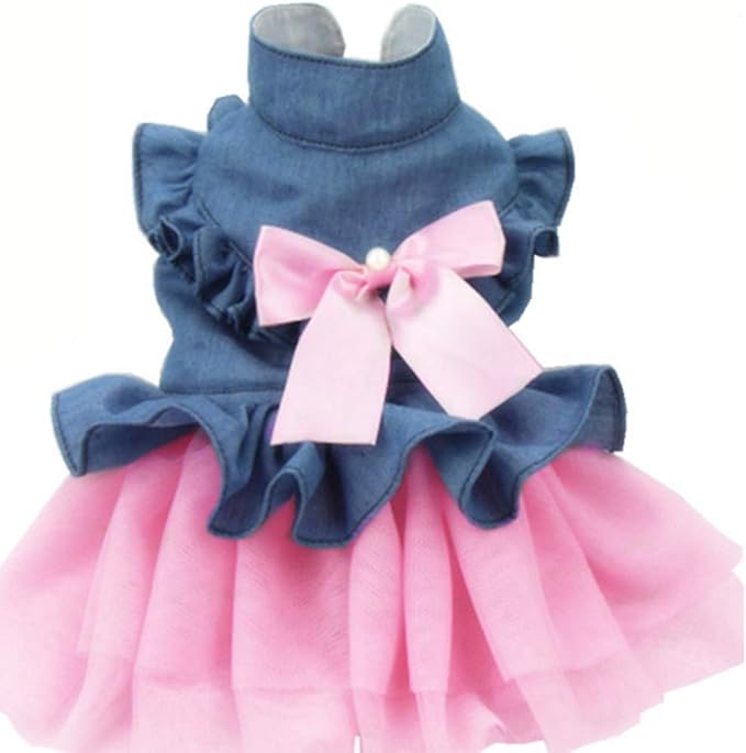 ANIAC Pet Denim Dress with Cute Bow-Knot Comfy Vest Skirt Lace Trim Tutu Summer Spring Clothes for Cats and Small Dogs (Large)