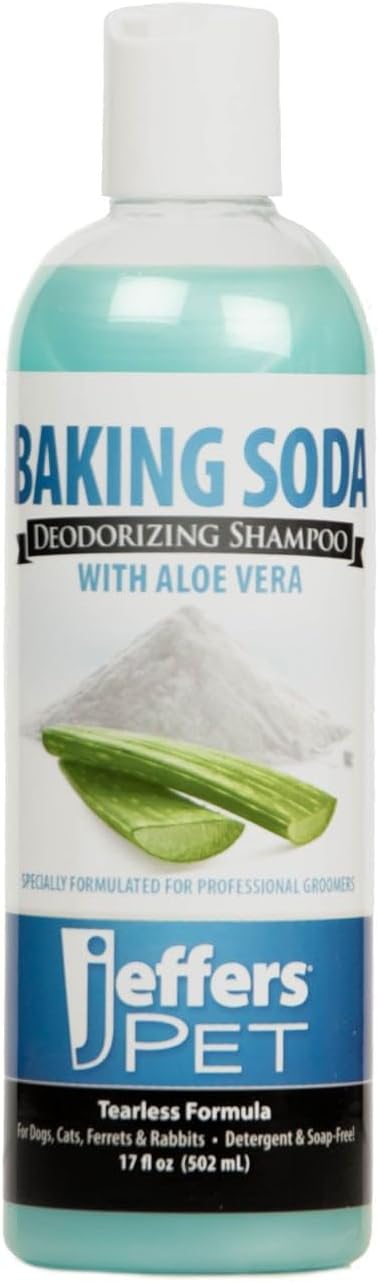 Jeffers Pet Tearless Shampoo Baking Soda Deodorizing w/Aloe Vera, 17 oz - Gentle Soap Free Dog & Cat Cleanser, Coat Cleaning, Odor Grooming Control, Moisturizing Pet Bath Formula, Baby Powder Scent