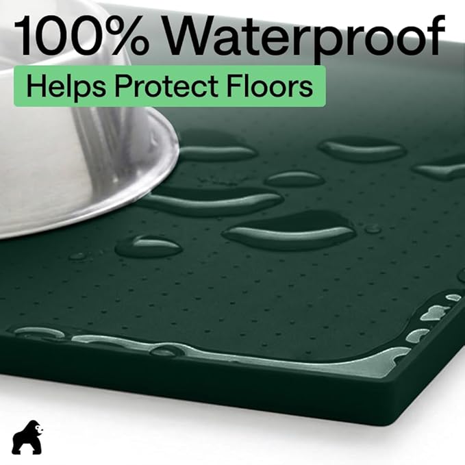 GORILLA GRIP 100% Waterproof Raised Edge BPA Free Silicone Pet Feeding Mat, Dog Cat Food Mats Contain Spills Protects Floors, Placemats for Cats and Dogs Water Bowl, Pets Accessories 16x10, Green