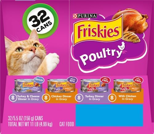 Friskies Purina Gravy Wet Cat Food Variety Pack, Poultry Shreds, Meaty Bits and Prime Filets - (Pack of 64) 5.5 oz. Cans