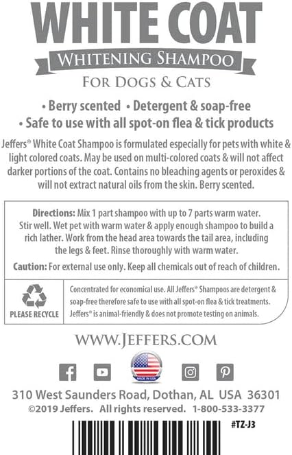 Jeffers Pet White Coat Whitening Shampoo for Dogs & Cats 17 oz – Concentrated Coconut Based Soap Free Grooming Shampoo, Berry Scent Conditioning Coat Care Formula, White & Light Coat Essentials