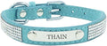 THAIN Rhinestones Personalized Dog Cat Collar Bling Diamond with Engraved Stainless Steel Nameplate for Small Medium Large Dogs (Light Blue, S)