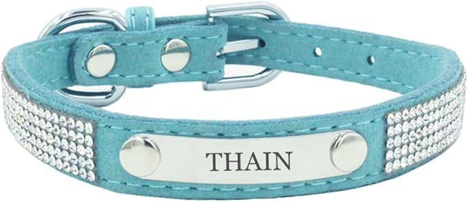 THAIN Rhinestones Personalized Dog Cat Collar Bling Diamond with Engraved Stainless Steel Nameplate for Small Medium Large Dogs (Light Blue, S)
