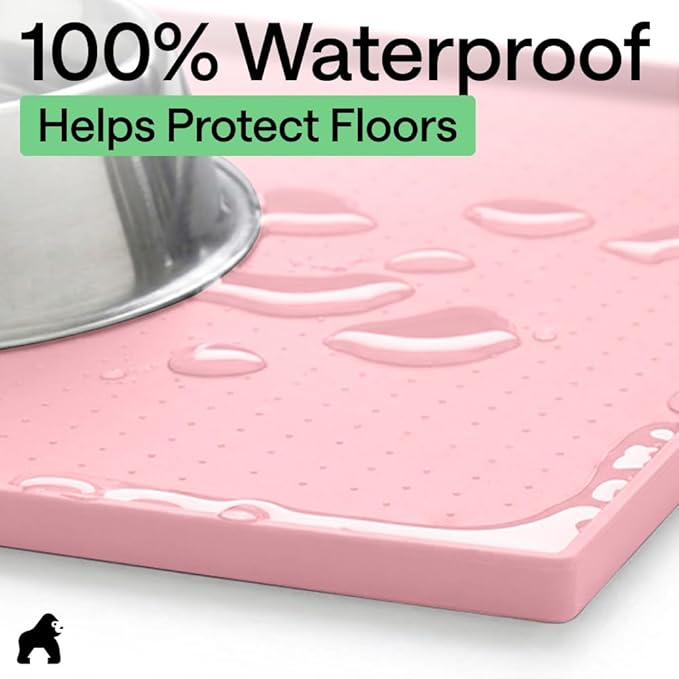 GORILLA GRIP 100% Waterproof Raised Edge BPA Free Silicone Pet Feeding Mat, Dog Cat Food Mats Contain Spills Protects Floors, Placemats for Cats and Dogs Water Bowl, Pets Accessories 28x18 Pink