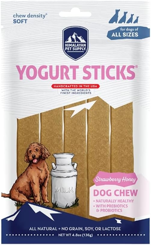 Himalayan Pet Supply Yogurt Sticks Dog Treats in 3 Flavors with Honey: 1 Strawberry, 1 Cranberry & 1 Apple Flavor (3 Bags Total, 5 Sticks/Bag, 4.8 Oz Bags) Plus Shaynanigans Lid