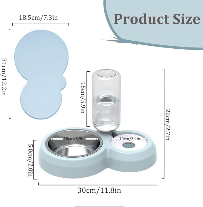 Double Dog Cat Bowls, Pets Food and Water Bowl Set with Automatic Water Dispenser and Stainless Steel Bowl Silicone Dog Bowl Mat, Gravity Feeder for Cats and Small Dogs Puppies (Grey)