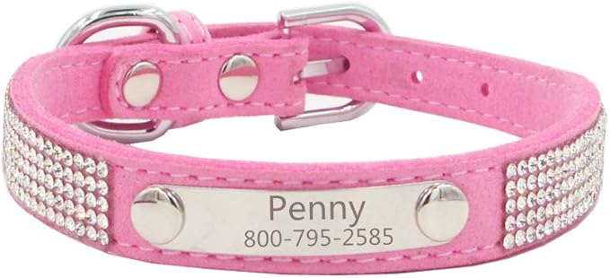 THAIN Rhinestones Personalized Dog Cat Collar Bling Diamond with Engraved Stainless Steel Nameplate for Small Medium Large Dogs (M, Pink)