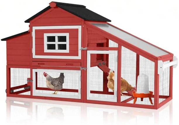 GUTINNEEN Chicken Coop with Wheels, Expandable Hen House Poultry Cage with Run, UV-Protected Roof, Divided Nesting Boxes, Easy One-Person Move, Ideal for 2 Adult Chickens or 4 Bantams, 72.3" L, Red