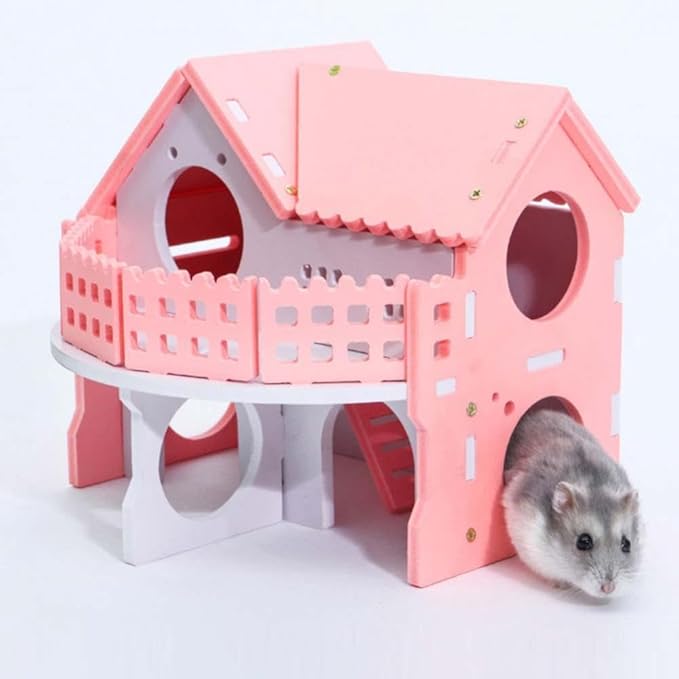 Hamster Cage Double Deck Hamster Nest Villa House Small Pet Cage Toy Pink Cottage with Stairs