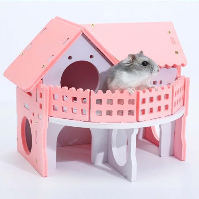 Hamster Cage Double Deck Hamster Nest Villa House Small Pet Cage Toy Pink Cottage with Stairs