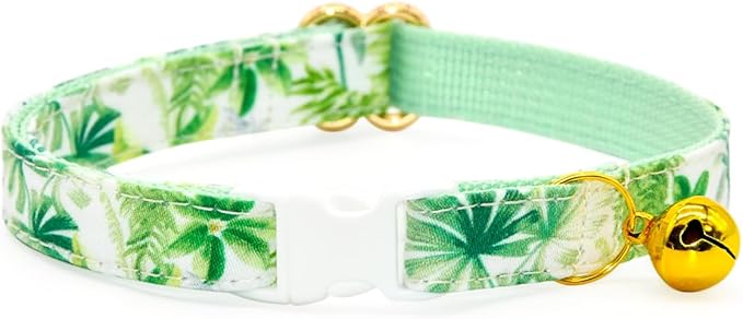 Bow Tie Cat Collar Set, Summer Hawaiian Palm Green, Wedding/Birthday Gift for Cat, Cat Accessories, XS (8" - 13")
