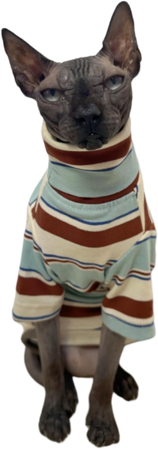 Vintage Stripes Sphynx Hairless Cats Shirt Cotton Cat Turtleneck Pet Clothes Kitten T-Shirts with Sleeves for Sphynx Cornish Rex, Devon Rex, Peterbald (Mint Brown, X-Large (Pack of 1))