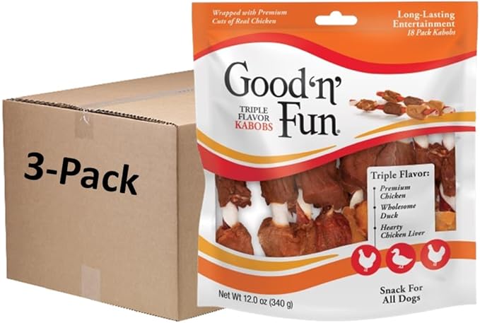 Good'n'Fun Triple Flavored Rawhide Kabobs for Dogs, 12 Oz (3 Pack)