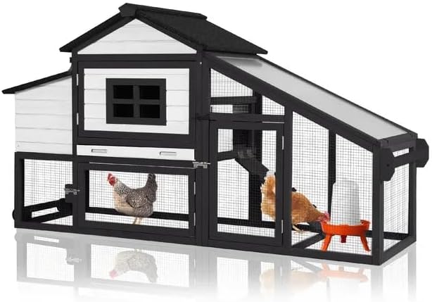 GUTINNEEN Chicken Coop with Wheels, Expandable Hen House Poultry Cage with Run, UV-Protected Roof, Divided Nesting Boxes, Easy One-Person Move, Ideal for 2 Adult Chickens or 4 Bantams, 72.3" L, White