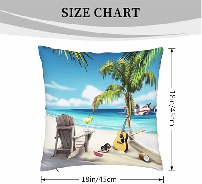 Throw Pillow Covers Green Palm Tree Relaxed Island Beach Holiday Blue Sky and Sea Sand Pillowcase Decor for Room Bed Chair,18X8 Inch Set of 2