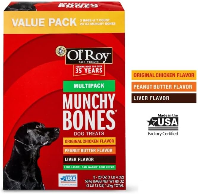 O- Roy Munchy Bones Dog Treats Variety Box, Chicken, Peanut Butter, Liver, 21 ct