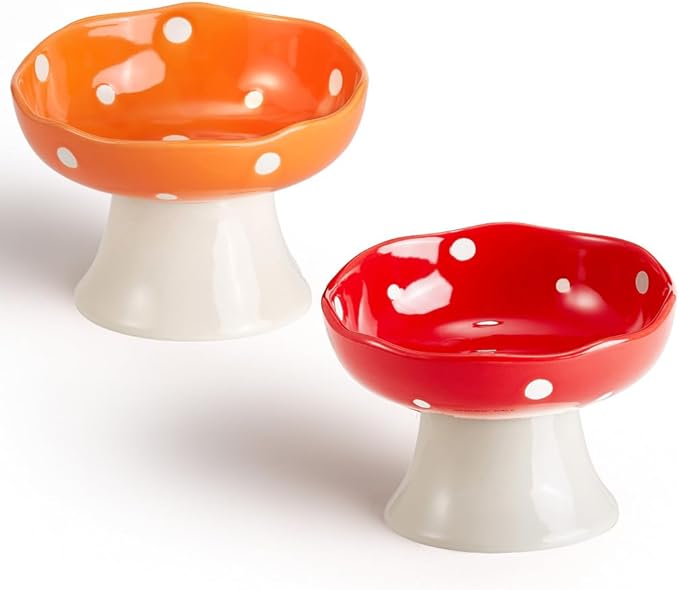 Ceramic Elevated Cat Bowls, Tilted Raised Pet Dish Anti Vomit Kitten Bowl for Indoor Cats, Whisker Friendly Pet Food and Water Bowl for Kitten, Cat, Puppies, Dishwasher Safe (Red+Orange)