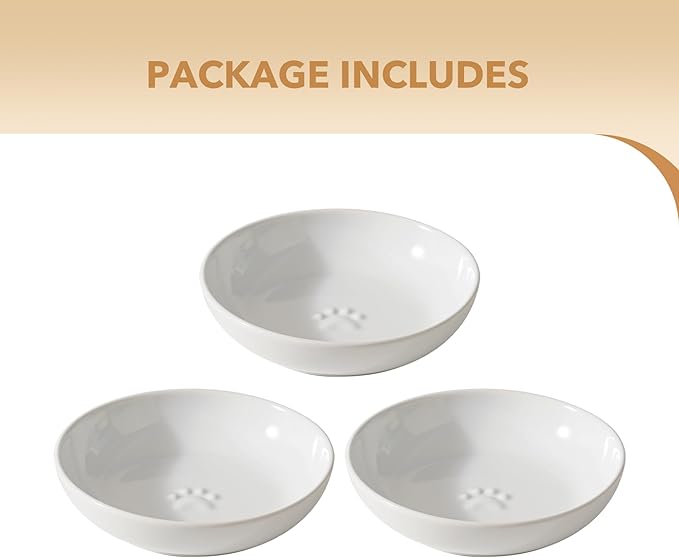 Havniva Ceramic Wide Whisker Friendly Cat Dishes, Set of 3 Ceramic Cat Bowls with Paw Print, Anti-Slip Indoor Kitten Feeding Food& Water Dish to Prevent Whisker Fatigue(3 Pcs, White)