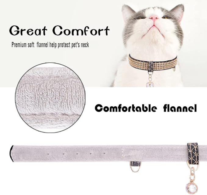PetsHome Cat Collar, Dog Collar, [Bling Rhinestones] Premium PU Leather with Pendant Adjustable Collars for Big Cat and Small to Medium Dog Small Black