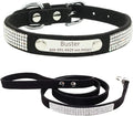 THAIN Rhinestones Personalized Dog Cat Collar and Leash Combo Set Bling Diamond with Engraved Stainless Steel Nameplate for Small Medium Large Dogs (L, Black Set)