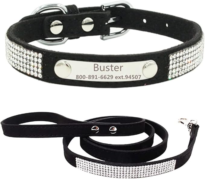 THAIN Rhinestones Personalized Dog Cat Collar and Leash Combo Set Bling Diamond with Engraved Stainless Steel Nameplate for Small Medium Large Dogs (L, Black Set)