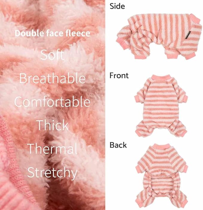 Fitwarm Fuzzy Fleece Stirped Dog Pajamas, Dog Winter Clothes for Small Dogs Girl, Cozy Dog Onesie, Pet Jumpsuit, Doggy Apparel, Pink, White, XS