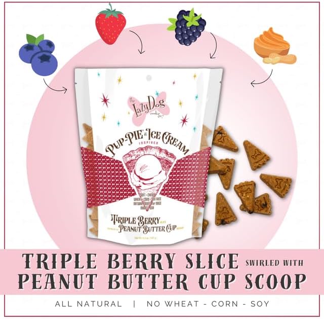 The Lazy Dog Cookie Co. Soft and Chewy Dog Treats, Pie Slice Shaped Dog Cookies, Triple Berry Slice Pup-Pie with Peanut Butter Cup Ice Cream Inspired Flavor, Baked in The USA, 5 oz. (Pack of 1) (PB)