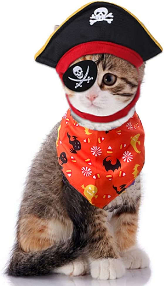 Anelekor Pirate Dog Cat Costume Suit Halloween Funny Pet Clothes with Pirate hat & Bandana Caribbean Style Cat Apparel Corsair Puppy Dressing Up Cosplay for Small Dogs Kitty (Navy)