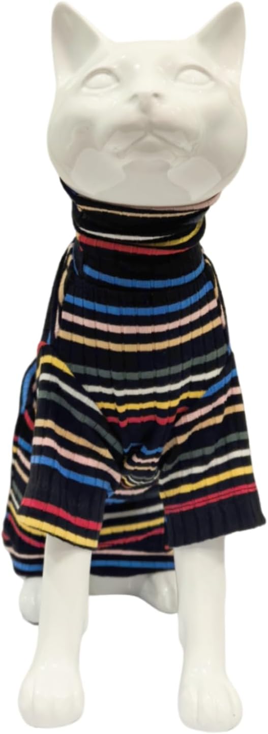 Turtle Neck Vintage Stripes Sphynx Hairless Cat Cotton T-Shirts Pet Clothes Vest Kitten Shirts Sleeveless, Cats & Small Dogs Apparel (Dark Rainbow, XS (2-3 lbs))