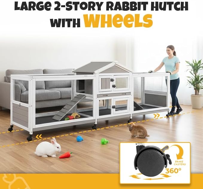 Large 2-Story Outdoor Rabbit Hutch with Wheels, Weatherproof Wooden Bunny Cage with Double Runs, 4 Pull-Out Leak-Proof Trays, 2 Anti-Chew Metal Frame Ramps, Waterproof Roof, Small Animals Cage