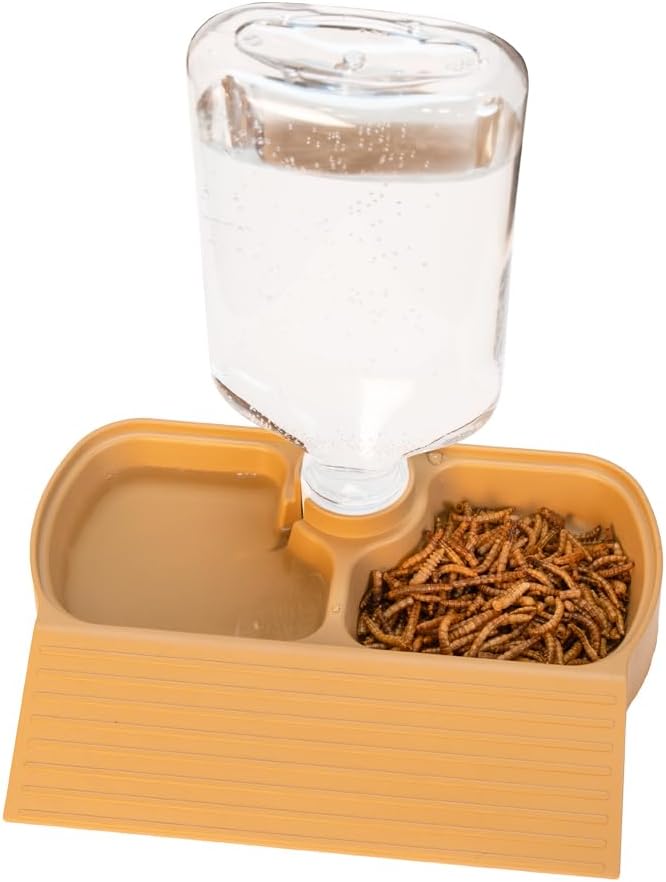 17oz 2 in 1 Terrarium Tank Reptile Food Feeders Bowl, Water Feeder Automatic Water Dispenser Waterer Feeding Accessories, for Geckos Lizards Turtle Bearded Dragons (Yellow)