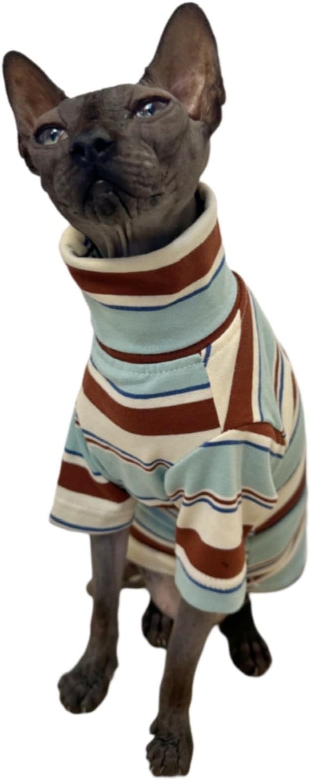 Vintage Stripes Sphynx Hairless Cats Shirt Cotton Cat Turtleneck Pet Clothes Kitten T-Shirts with Sleeves for Sphynx Cornish Rex, Devon Rex, Peterbald (Mint Brown, X-Large (Pack of 1))